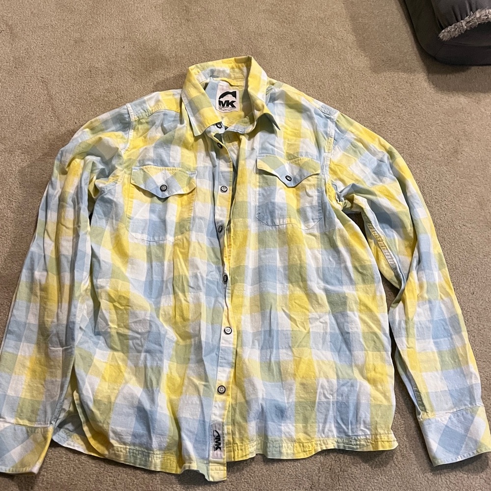 Mountain Khakis Shirt Large Yellow and blue Plaid Long Sleeve Button Up